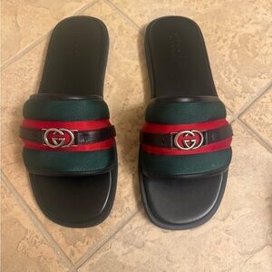 Gucci Black Slides with Green and Red Stripes Interlocking G’s